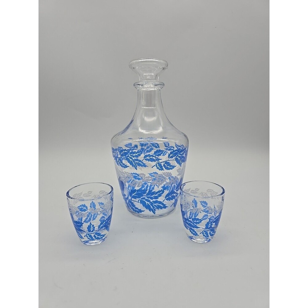 Vintage Liquor Decanter and Pair of Glasses from France Blue & White Leaf Patter